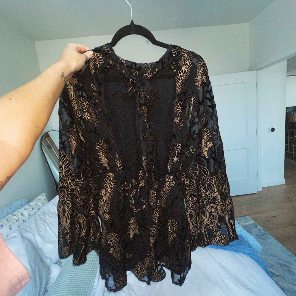 High neck backless long sleeve romper with gold detail